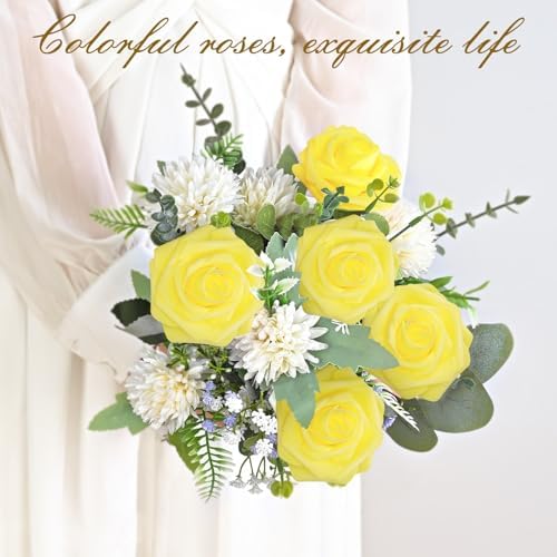 BLEUM CADE 16Pcs Artificial Flowers Fake Foam Roses with Stems for Wedding