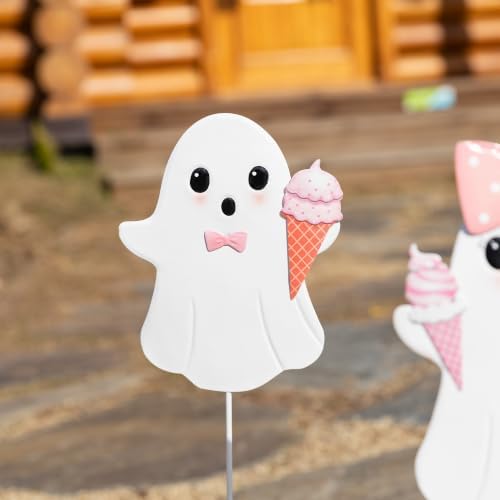 Glitzhome Halloween Metal Yard Stakes Set of 3 – 23.75" H Pink Ghosts Holding Ice Cream Cones, Cute Outdoor Halloween Decorations, Glossy Iron Garden Stakes for Lawn, Walkway, Party,Fall Decor