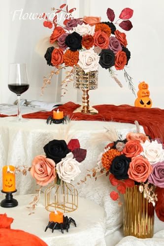 Floweroyal Halloween Artificial Flowers Black Flowers Mix Silk Flowers Fake Roses with Stems for DIY Wedding Bridal Bouquets, Baby Shower, Floral Arrangement, Table Centerpieces, Home Decorations
