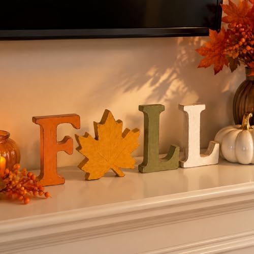 Fall Decorations for Home, 4 PCS Wooden Table Signs, Autumn Letter Blocks