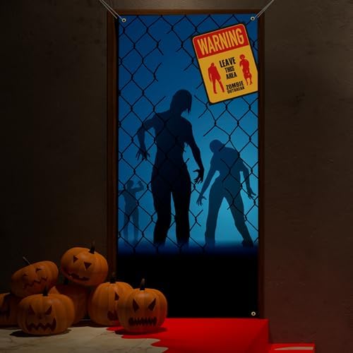 Halloween Door Backdrop Banner Warning Zombies Leave This Area Creepy Devil Go Crazy Terror Theme Scary Halloween Party Decoration Supplies for Women Men 80x35 Inch