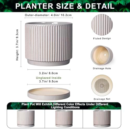 Ceramic Planter, 4 Inch Plant Pots, Round Pots for Plants, Grey