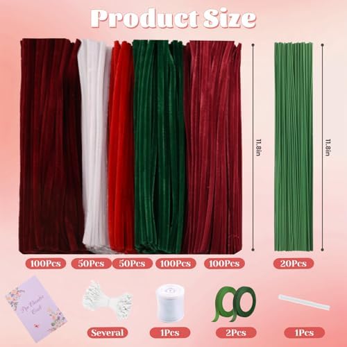 400 Pcs Pipe Cleaners Craft Set, 5 Assorted Red Pipe Cleaners Bulk, Chenille Stems for DIY Flower Making Kit with Floral Stems, Gardening Tape, Stamen, Ribbon for DIY Bouquet Gift (Red)