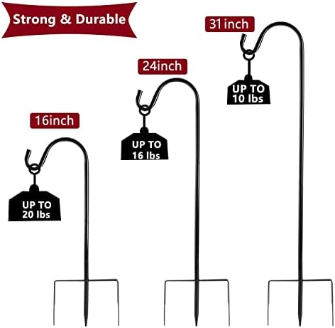 EXCMARK 4 Pack Shepherd Hook Adjustable Height 31/24/16’’ 1/2 inch Thick Use at Weddings, Hanging Solar Lights, Lanterns, Bird Feeders, Metal Hanger Hook (Black, 31 inch). U.S. Patent.