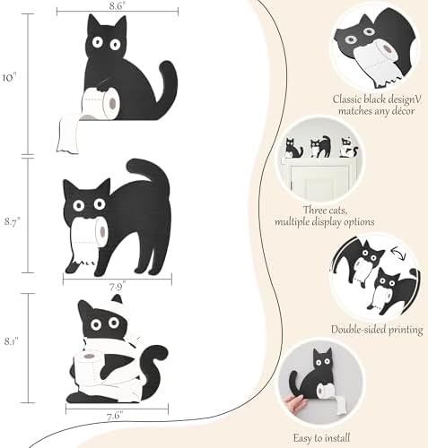 Dripykiaa Funny Black Cat Bathroom Decor Set, 3 Pcs Wooden Cats