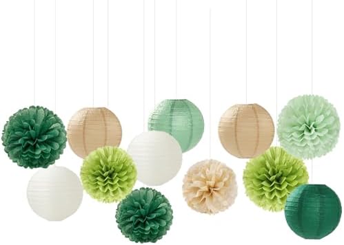 Sage Green-Boho Party-Decorations Paper Flowers Lanterns - 15PCS Birthday Gender Neutral Baby Shower Tissue Pom Poms Streamers, Champagne Gold Rustic Wedding Graduation Hanging Supplies Decor Hugfond