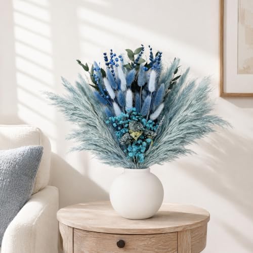 Umero Dusty Blue Pampas Grass Bouquet, 17" Boho Dried Flower Arrangement