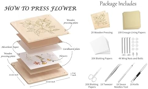 FOCHIER F Flower Press Kit for Adults & Kids, Extra Large Wooden Flower Press Kit with Tools, 30 Blotting Papers, for Pressed Flowers, Resin Art, DIY Crafts & Flower Preservation