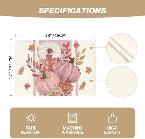 Artoid Mode Pink Pumpkin Maple Leaf Fall Placemats Set of 4-12 x 18 Inch