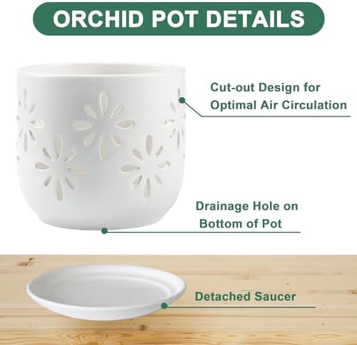 Orchid Pots with Holes, 5+6in Orchid Planter with Tray，2Pcs-White
