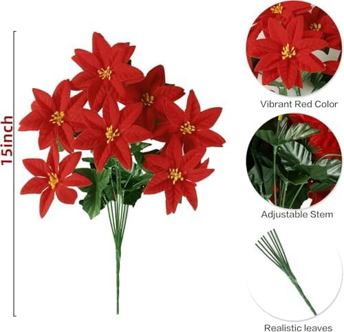 Sggvecsy Artificial Poinsettia Bouquet 5 Heads 5 Pack 15’’ Velvet Poinsettia Bush Christmas Flowers for Porch Home Garden Indoor Outdoor Xmas Decorations (Red)