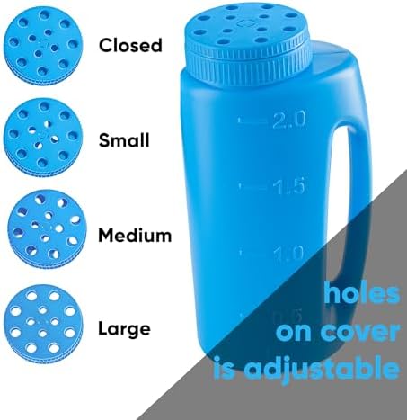 Superio Ice Melt Salt Spreader Handheld Shaker for Lawn Seed, Salt, Ice Melt, Calcium, Deicer Shaker 2 Liter, Adjustable Hole Size, Handy for Fertilizer Lawn Seed Salt to Deice (Blue 2-Pack)