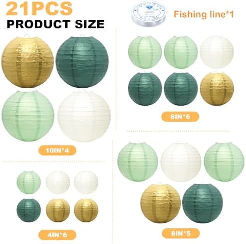 21Pcs Sage Green Gold Lanterns, 4-10in Hanging Decor, Wedding Baby Shower