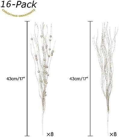 SLK 16-Pack Artificial Glitter Berry Stem Ornaments, Christmas Decorative Glittery Twigs, Picks, Branches for Tree, Wreath, Small Vase, Halloween Party (Champagne Gold)