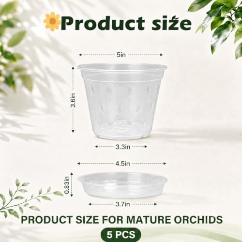 Orchid Pots, 5 Pack 5 Inch Clear Orchid Pot with Hole, Saucer and Stake
