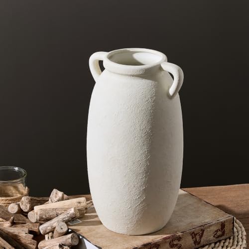 Dobbyby Ceramic Flower Vase 12 inch Farmhouse Rustic Vase Decorative Pottery Terracotta Tall Vases for Home Decor Table Mantle Fireplace Living Room Bathroom Wedding Centerpiece(Large-White)