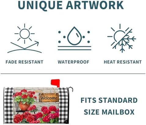 Spring Summer Floral Mailbox Covers Magnetic Large Size 25"x21" Welcome Spring Geranium Flower Mailbox Cover Welcome Red Flowers Mailbox Wraps Farmhouse Post Letter Box Cover for Home Outside