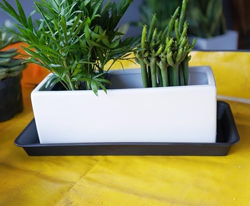 VUWEZ 2 Pack Plastic Plant Saucer, Rectangular, Indoors Outdoor, Drip Tray for Flower Pot, Windowsill (6 X 11 Inch, Black)
