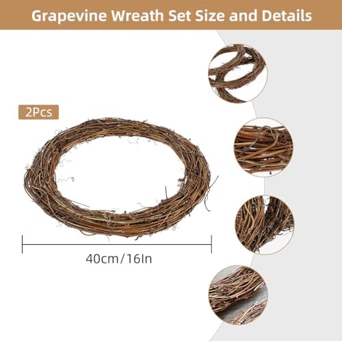 Natural Grapevine Wreaths Set,2 Pack I6 DIY Rattan Wreath Frame,Vine Branch Rings,Round Rattan Twig Wreaths Base,DIY Wreath Making Supplies for DIY Crafts,Xmas,Easter,Halloow,Thanksgiving