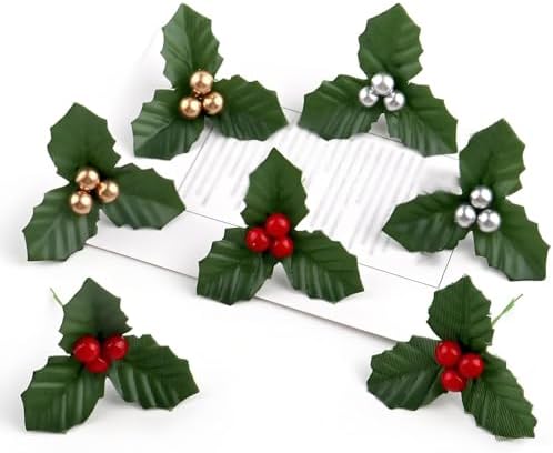 10Pcs Christmas Holly Berries Faux Berry Flowers with Leaves Xmas Berry Picks Christmas Wreath Branches Vase Fillers, Artificial Flowers (Gold)