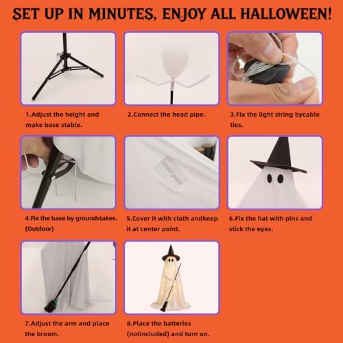 Halloween Decorations Outdoor Light Up Ghost, 53IN Witch Hat Broom Porch