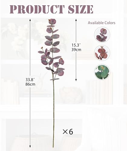 33.8" Tall Faux Eucalyptus Stems Real Touch Artificial Greenery Stem, Faux Eucalyptus Stems Silver Dollar Leaves, Fake Greenery Stem for Bridal Wedding Bouquet Vase Table Centerpiece, Purple, 6Pcs