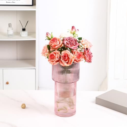 Large Pink Glass Vase, 12 Inches Tall Fluted Vase for Flowers, Modern Torch-Shaped Flower Vase with Ribbed Texture for Living Room, Dining Table, Office, Entryway, Mantle, Shelf, Wedding Gifts