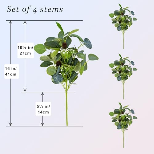 Artificial Eucalyptus Stem, 4Pk 16" Faux Greenery Bouquet with Berry