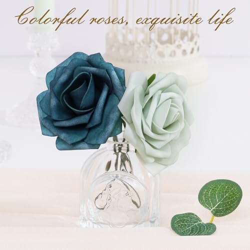 BLEUM CADE 16Pcs Artificial Flowers Fake Foam Roses with Stems for Wedding