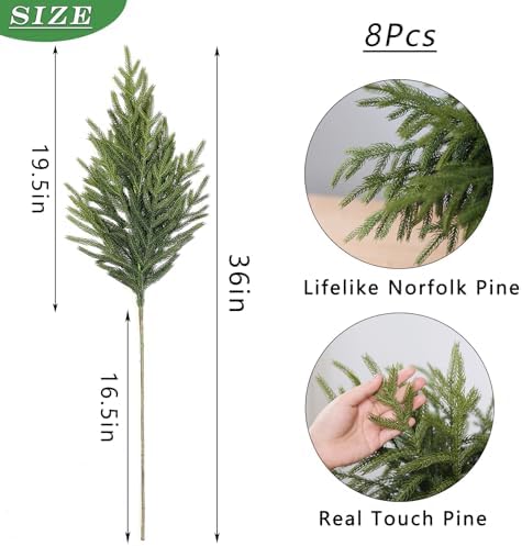 8Pcs 36" Lifelike Touch Artificial Christmas Norfolk Pine Branches for Vase