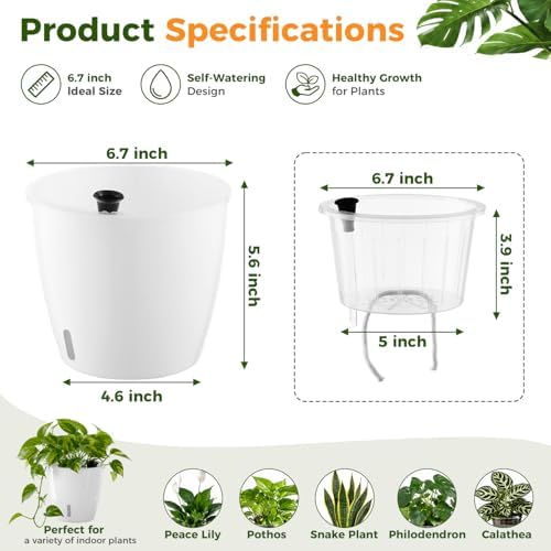 Upgraded Self Watering Pots for Indoor Plants, 6-Pack 6.7 Inch Top-Fill Self Watering Planter with Water Window, Orchid Pots, Clear Wick Inner Basket with Drainage, White