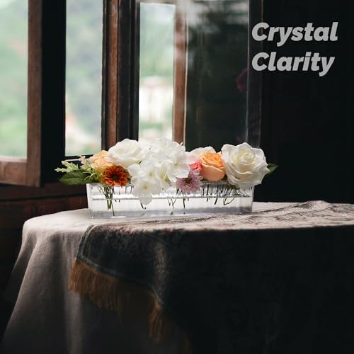 3 Pack Leak-Proof Wave Design Rectangular Flower Vases For Centerpieces - 24" Clear Flower Rectangle Vase as Floral Centerpieces for Tables, Long Flower Vase with 12 Holes as Flower Arrangement Holder