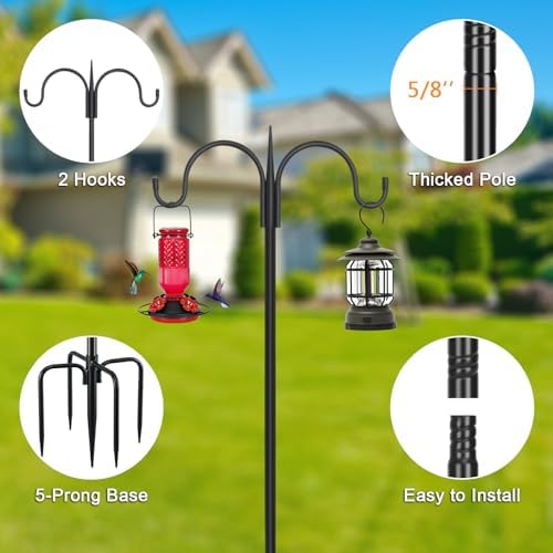 FEED GARDEN Small Shepherds Hook 63" Double Hooks Adjustable (47/63") - Alloy Steel 5-Prong Base, 12lb Capacity - Easy Assembly Bird Feeder Pole for Hanging Planters, Lanterns, Wind Chimes