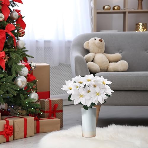 Poinsettias Artificial Christmas Flowers 6 Pack White 5 Heads Poinsettia Flowers Artificial Faux Winter Flowers Holiday Indoor Outdoor Xmas Tree Ornament Porch Home Garden Decoration