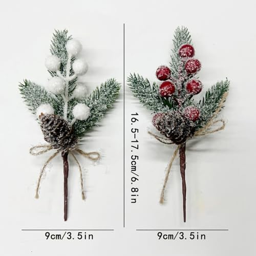 Artificial Pine Cones Picks with Red White Berries and Holly Leaves - Frosted Snow Christmas Greenery Stems for DIY Holiday Wreaths, Centerpieces, Winter Crafts and Home Decor (10)