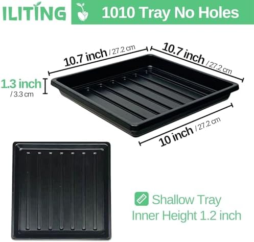 Plant Growing Trays for Seedlings Microgreen Seed Starter Shallow Plants Tray Drip Tray Standard 1010 Tray No Holes 10 Pack Black 10.7 x 10.7 inches Square Trays