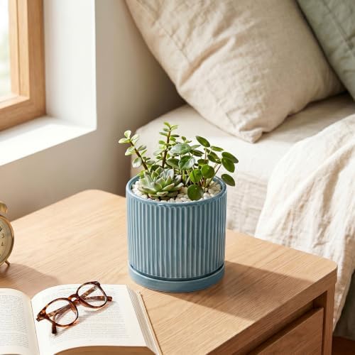 4 Inch Pots for Plants, Ceramic Planter with Saucer, Glaze Blue