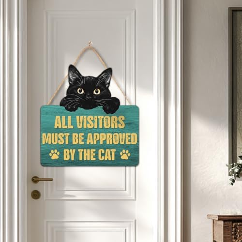 Funny Black Cat Wood Hanging Sign for Front Door, Cat Gifts House Welcome Sign