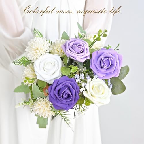BLEUM CADE 36Pcs Artificial Flowers Fake Foam Roses with Stems for Wedding
