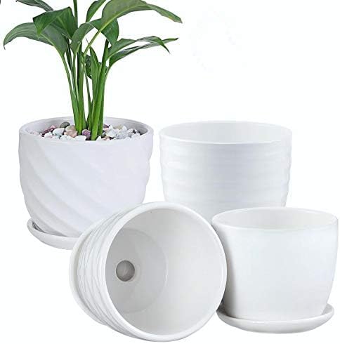 sietpoek 4.7” Ceramic Plant Pots with Drainage and Saucer 4PCs White | White Ceramic Flower Pots with Drainage Hole and