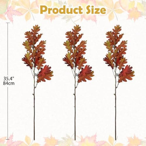 35" Long Faux Oak Leaf Stems with Acorns, 3Pcs Fall Stems for Vase Brown