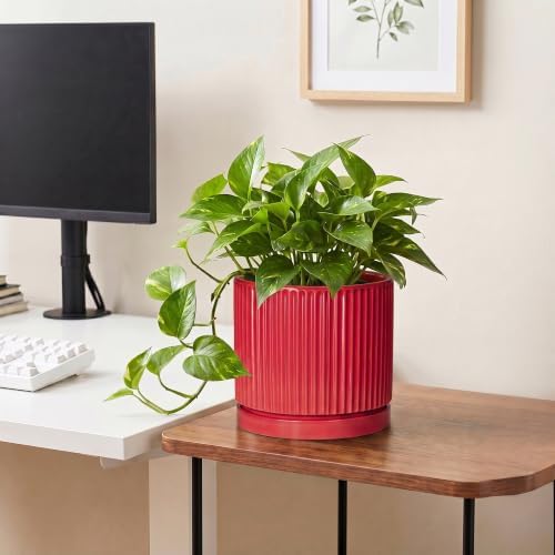 Ceramic Pots for Plants, 8 Inch Plant Pots with Saucer, Red
