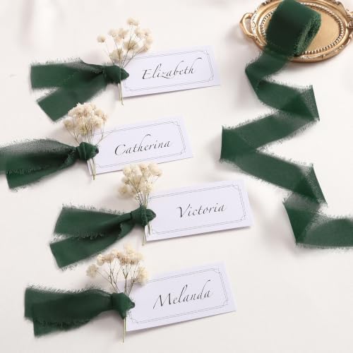 DORIS HOME Handmade Frayed Fringe Chiffon Ribbon 1" x 21Yd Dark Green