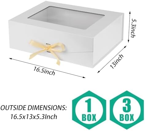 3 Pcs White Extra Large Gift Box for Presents with Ribbon 16.5x13x5.3 Inches Clear Gift Box with Window Magnetic Closure Gift Boxes with Lids