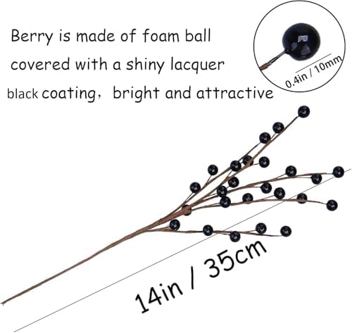 12 Pack14 Black Holly Berry Stems Halloween Ornaments Artificial Berry Stems Fake Holly Berry Picks for Christmas Tree Halloween Vase DIY Wreath Crafts Home Decor