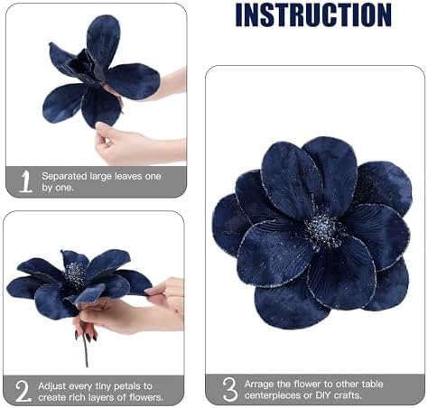 Sggvecsy 10Pcs Christmas Glitter Flowers Velvet Magnolia Flower Christmas Tree Ornaments Artificial Poinsettia Floral Picks for Xmas Wedding DIY Crafts Wreath Party Floral Decorations(Blue)