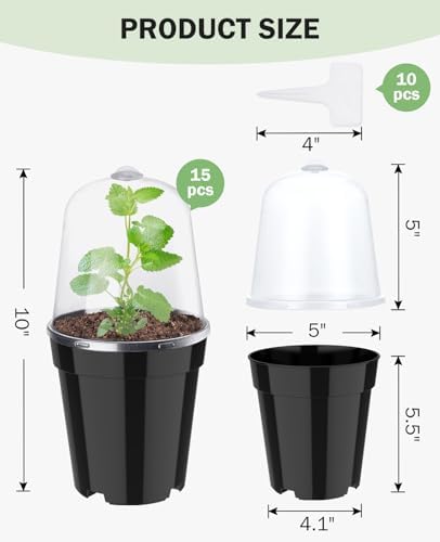 homenote 5 Inch Nursery Pots with Humidity Domes for Seed Starting (15 Pcs)