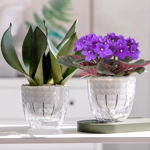 4 Pack 4 inch Self Watering Pots Planters for Indoor Plants, African Violets Pots with Wick Rope, Modern Plastic Nursery Pots for All House Plants,Flowers Succulents,Herbs,Cactus,Orchids