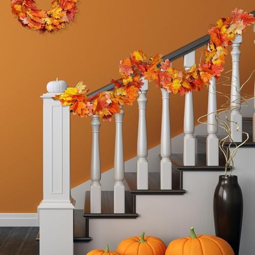 Fall Garland Maple Leaf Garland, 2pcs 6 Ft/Piece, Artificial Maple Leaves Hanging Vine, Thanksgiving Christmas Decor (2)