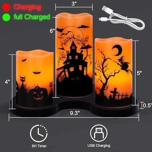 Wondise Halloween Rechargable Flickering Flameless Candles with 6H Timer